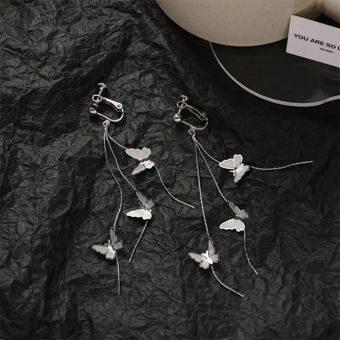 Boucles d'oreilles à clip papillon violet, fleur, longue pampille, cristal féerique, perle, non perc