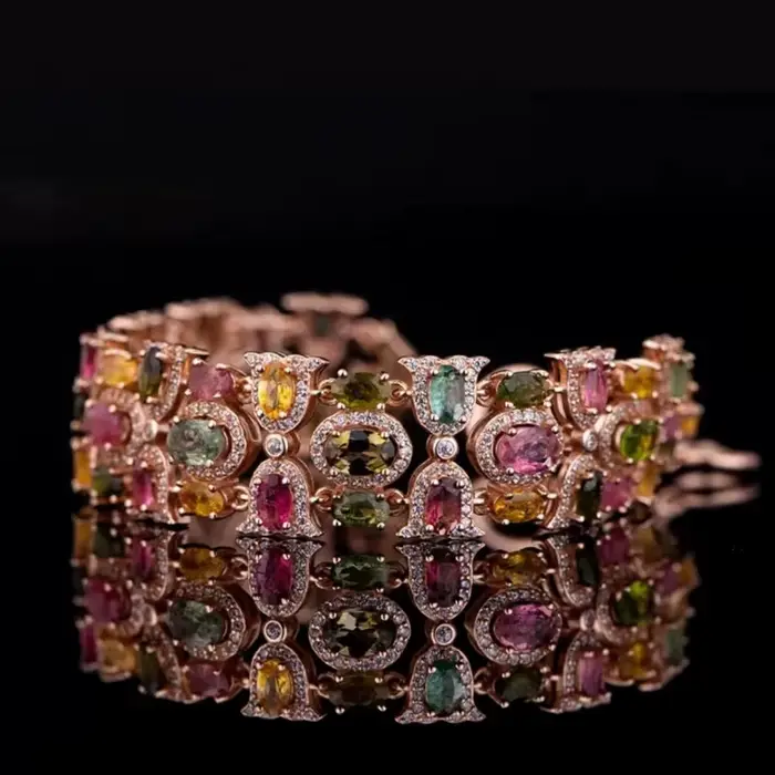 Ensemble de bracelet et bague en zircon multicolores de couleur or rose luxueux pour femmes et filles, accessoire de mariage élégant