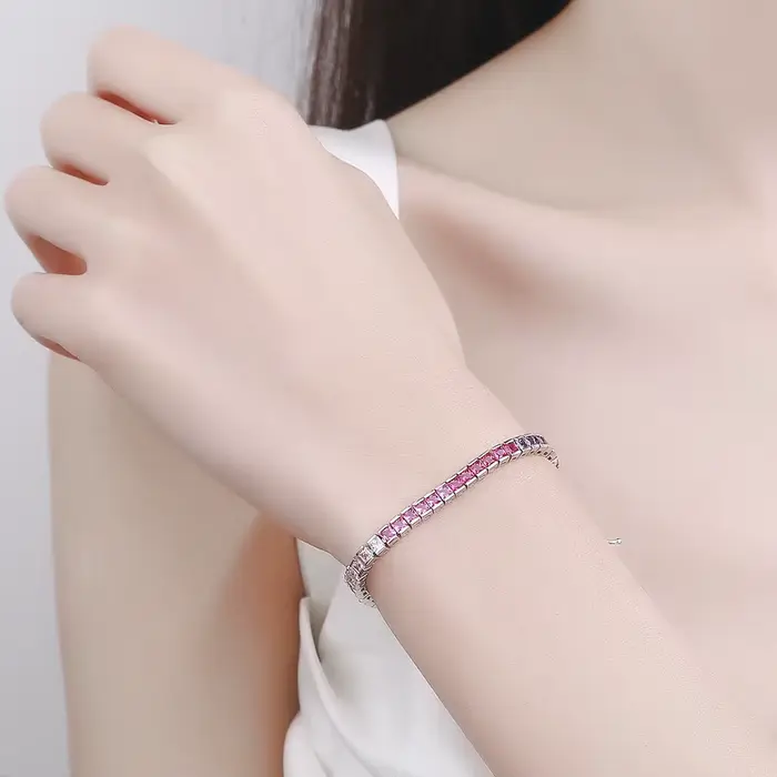 Bracelet de tennis en argent pur pour femme, 17.5 cm, carré de 4 mm de large, 2.5x2.5mm, Bling Rainbow Zunderes, Real 925 Jewelry
