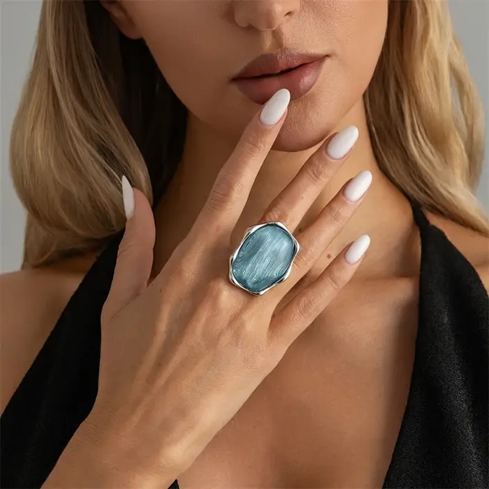 Bagues en résine à motif vague d'eau bleue vintage pour femmes