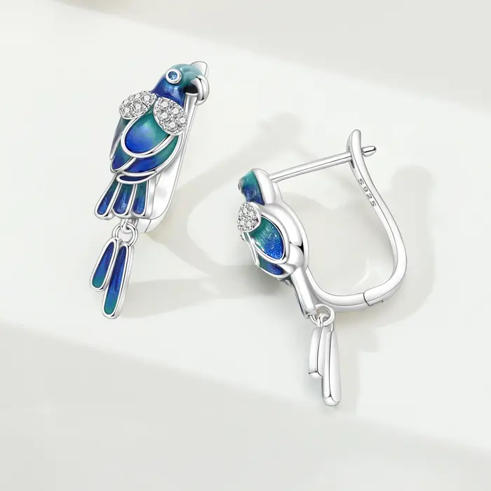 Boucles d'oreilles en argent Sterling 925 avec breloque perroquet bleu vert pour femmes, bijoux originaux et élégants pour occasions spéciales