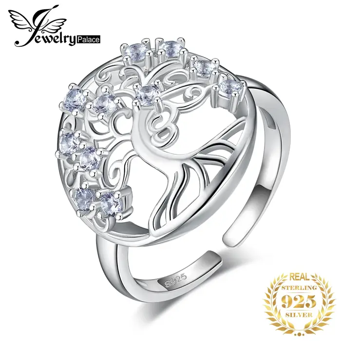 JewelpopPalace-Bague ouverte réglable en argent regardé 925 pour femme, arbre de vie, spinelle bleue