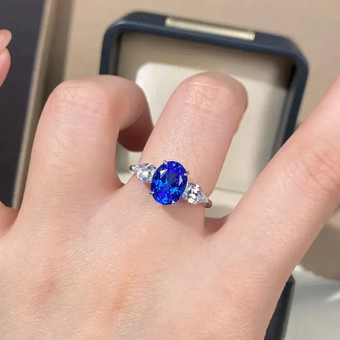 Bague de fiançailles en saphir bleu 2 carats, or blanc massif 18 carats pour femme, forme ovale, gar