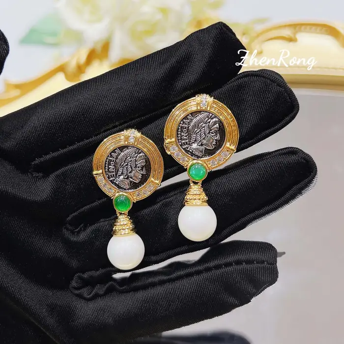 Foydjew Style français Vintage bijoux exquis soulagement soleil dieu Apollo Portrait pièces anciennes perle goutte boucles d'oreilles pour les femmes