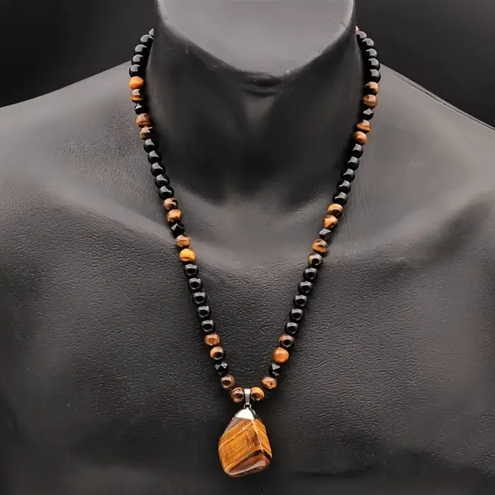 Collier en pierres œil de tigre, collier personnalisé à pendentif irrégulier en perles, couleur noire, collier pour homme