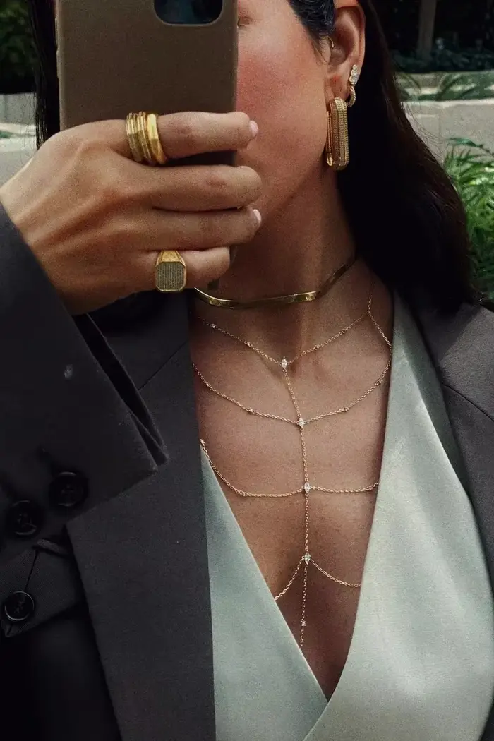 Nouvelle Collection 2025 – Bijoux Femme Tendance : Chaîne de Corps Ajustable avec Pendentifs Géométriques et Strass Scintillants 5A
