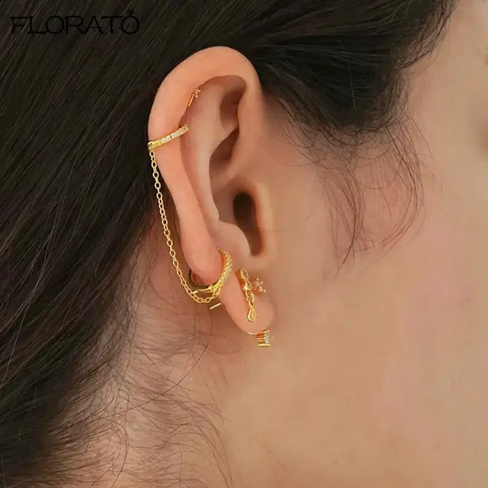 1 pièces Double cerceau boucle d'oreille avec chaîne 925 en argent Sterling oreille aiguille cristal Huggie boucles