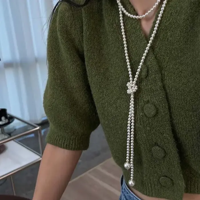Vintage Imitation perle longue chaîne collier pour femmes élégant classique multicouche