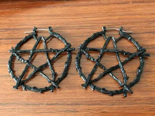 Boucle d'oreille en forme de pentagramme gothique, Wicca, épines noires, branche, amulette de sorcel
