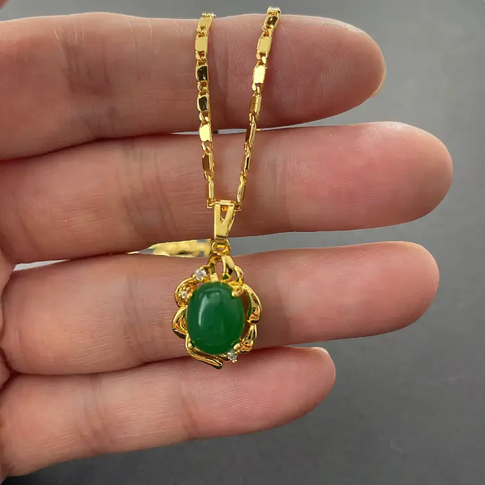Ensemble de bijoux avec pendentif émeraude plaqué or 24 carats, boucles d'oreilles, cadeau de fiança