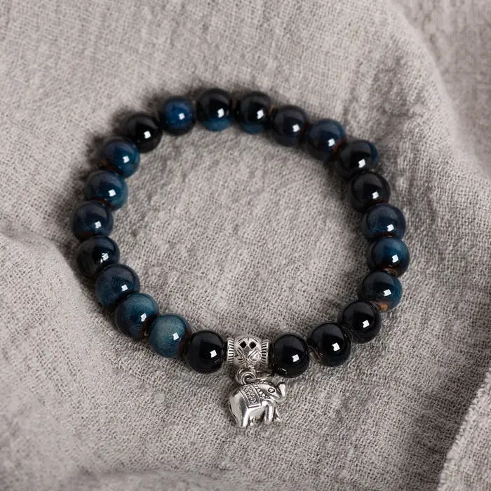 Bracelet Éléphant en Céramique Fait Main Style Boho Pierres Précieuses Perles Bleues Unisexes Occasions Spéciales