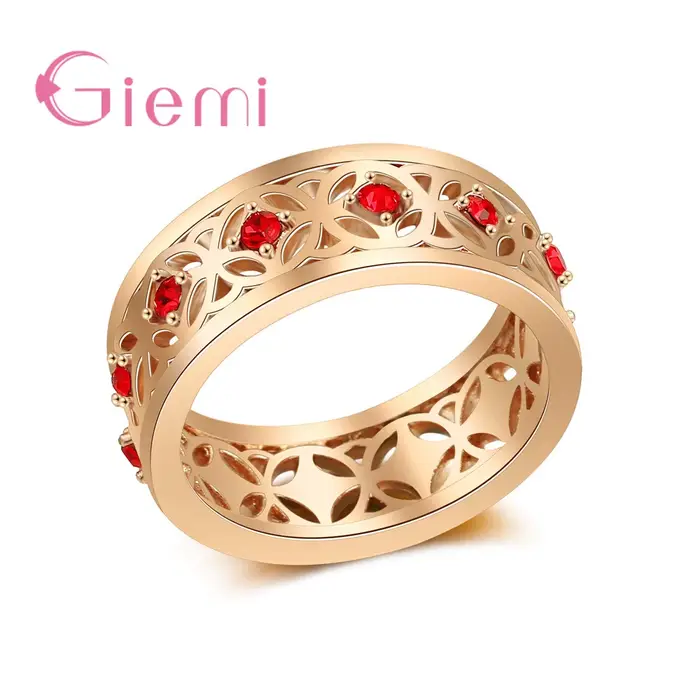 Bague centrale en cristal rouge incrusté creux pour femmes, couleur or Rose de haute qualité, bijoux