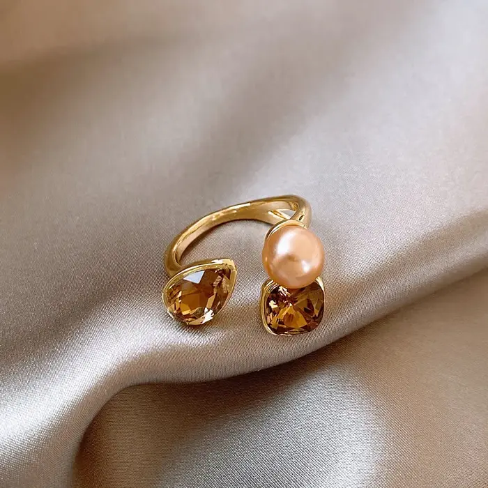 Bagues ouvertes en métal avec perles de Champagne et cristal géométrique de luxe