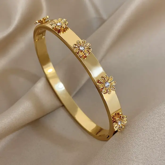 Bracelets de poignet en acier inoxydable pour hommes et femmes, incrustation de fleurs, strass, manc