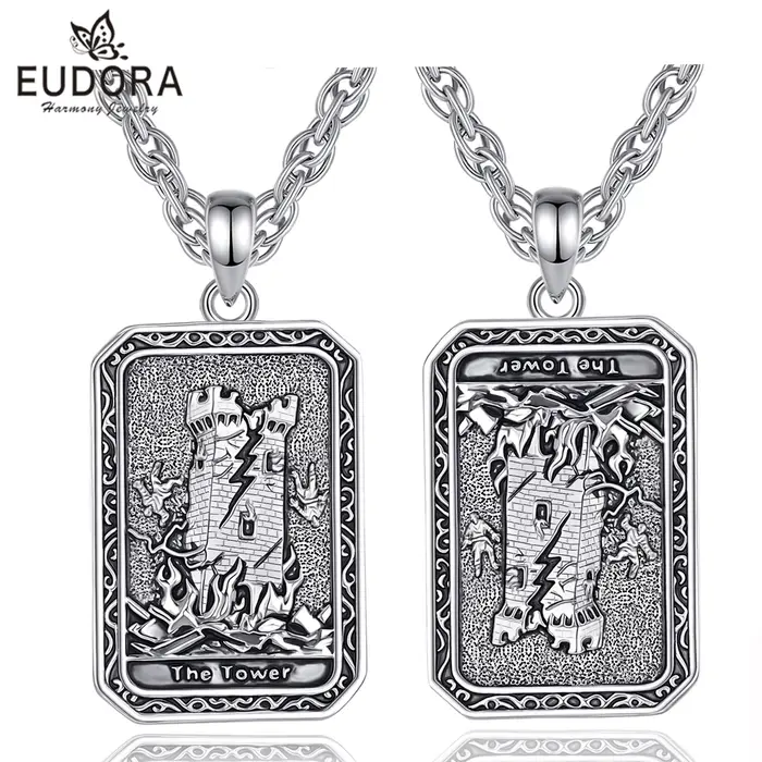 Collier avec pendentif en cuivre vintage, cartes de tarot Eudora The Tower, arcana majeur, divination, bijoux spirituels, amulette, cadeau pour femmes et hommes