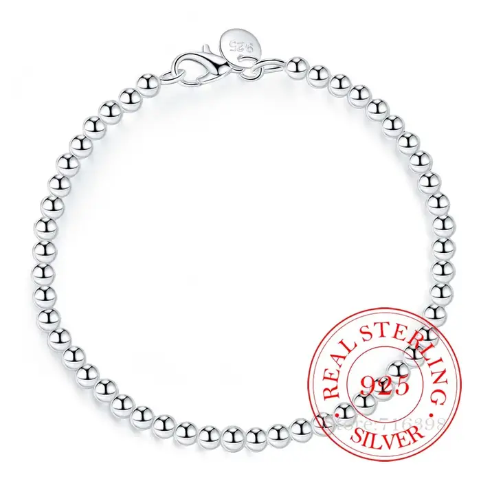 100% réel 925 Bracelet en argent Sterling pour femmes hommes Homme 4MM perles boule chaîne Bracelets