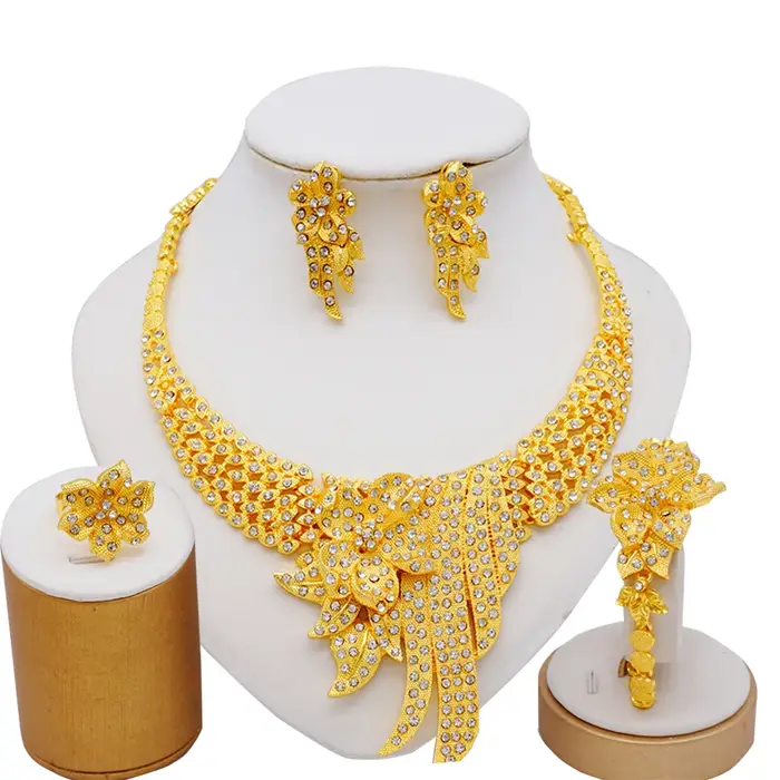 Parures de bijoux couleur or de Dubaï, cadeaux de mariage africains pour femmes, collier, bracelet, 