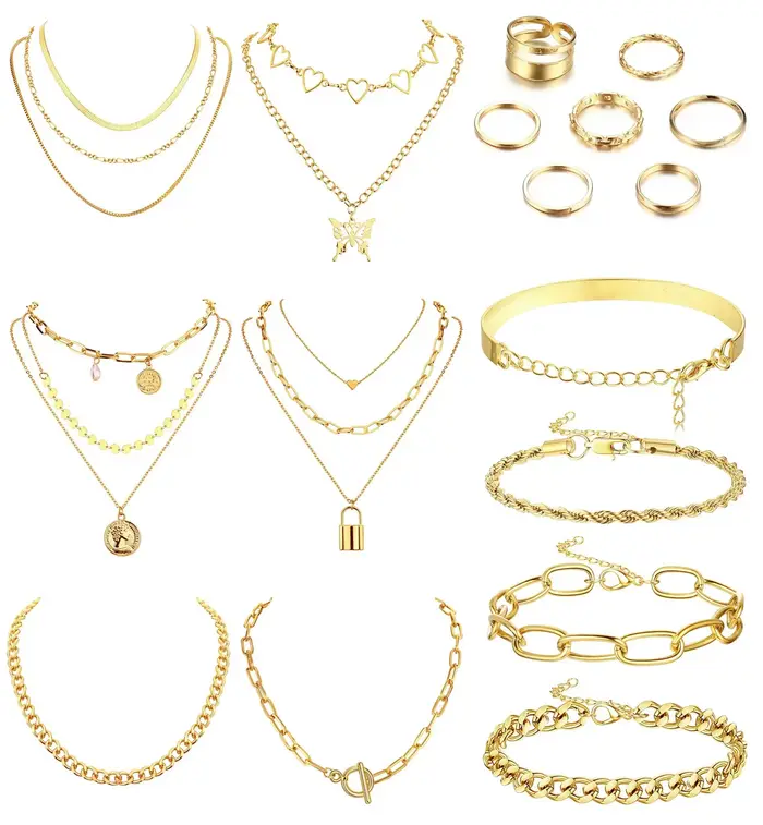 Bobisty – Parure de bijoux 17 pièces pour femme : colliers superposés, bracelets épais, bagues de ph