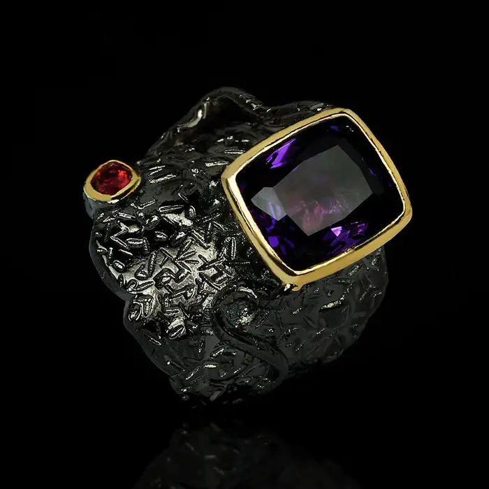 Bague incrustée violette pour hommes et femmes, bijoux exagérés en or noir, bijoux fins italiens, no
