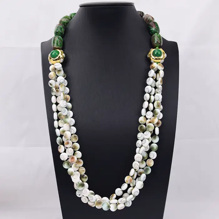 Collier G-G 4 rangs en agate mexicaine Crazy Lace verte naturelle, coquille de palourde, pièce de mo