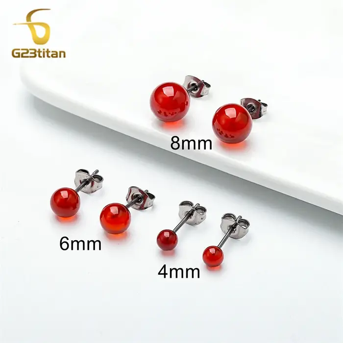 Charmantes boucles d'oreilles en pierre de cornaline rouge pour femmes, clous d'oreille en titane mé