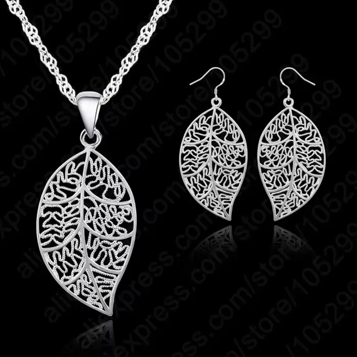 Ensembles de bijoux en argent pour femmes, boucles d'oreilles pendantes feuilles, collier JONecklace