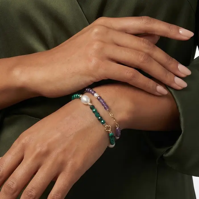 Bracelet en argent sterling 925 avec malachite verte naturelle et perles de guérison pour femmes pour les soirées, mariages et autres occasions spéciales