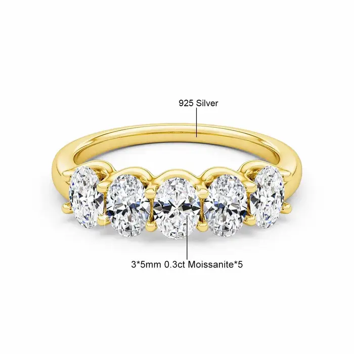 Bague de fiançailles ovale en or jaune 14K, certifié GRA, Moissanite, 5 pierres, 1,5 ctw, 100% authe