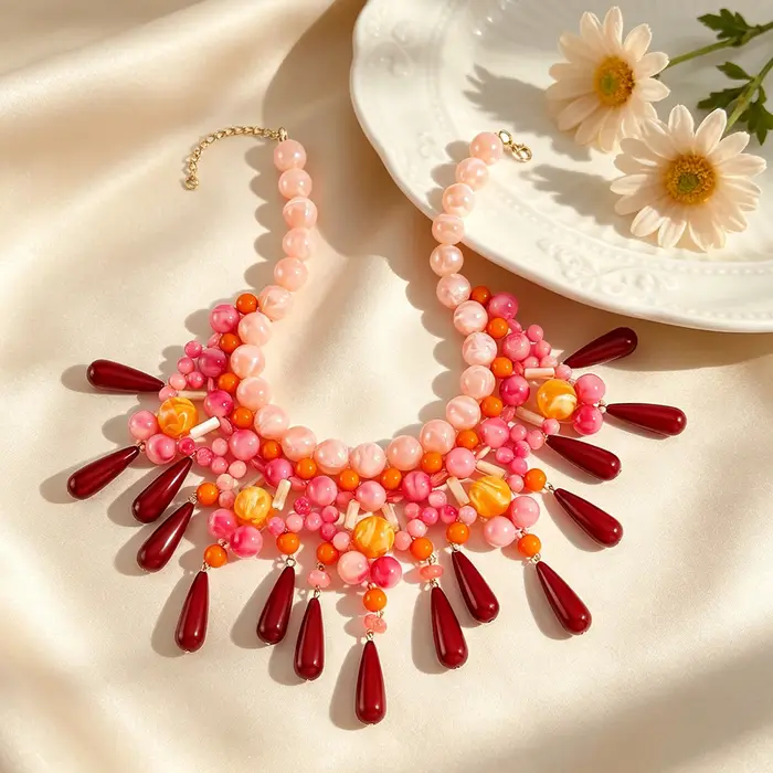 Collier bohème tendance 2026 perles roses oranges rouges breloques goutte d'eau bijoux femme occasions spéciales mariage fête