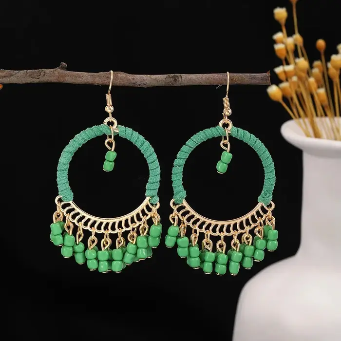 Boucles d'oreilles rondes à franges géométriques faites à la main, style ethnique latino-américain, 