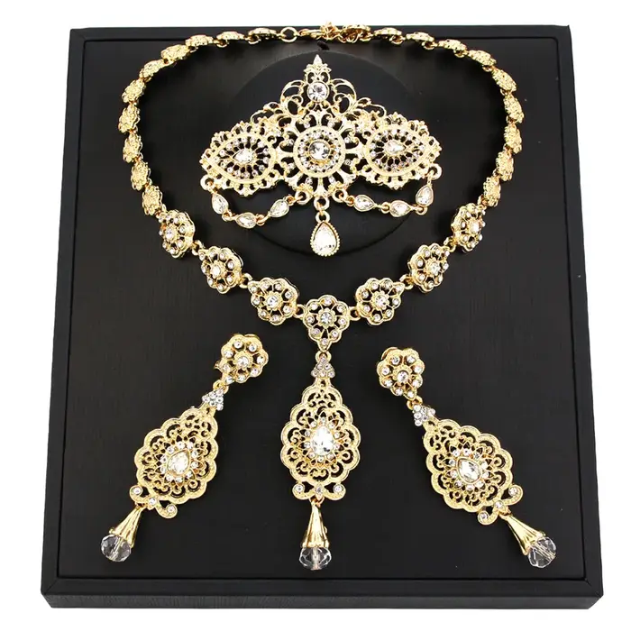 Ensemble de bijoux traditionnels algériens fleuri en cristal pour mariage femmes occassions spéciales kaki plaqué laiton rhodium rouge foncé zingué noir