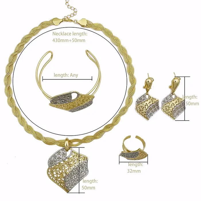 Ensemble de bijoux italiens élégants plaqués or pour femmes occasions spéciales collier boucles d'oreilles bracelet bague motifs géométriques style luxe à la mode