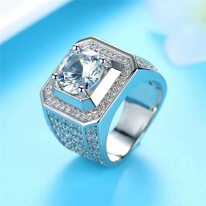 Bagues CC pour hommes, bijoux luxueux, marié, fiançailles, mariage, plaqué argent, zircone cubique, bague ronde, livraison directe CC804