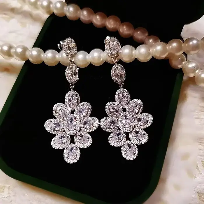 Breloque fleur diamant boucle d'oreille 925 en argent sterling boucles d'oreilles de mariage pour les femmes promesse de mariée bijoux de fête de fiançailles