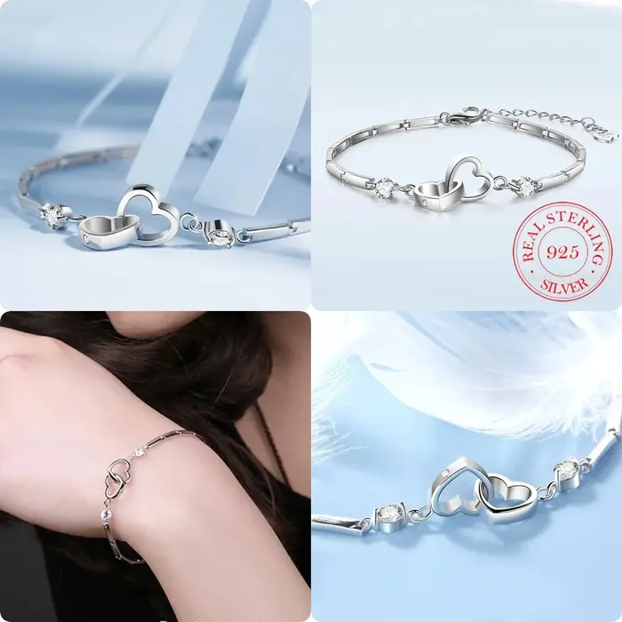 Nouveaux Bracelets et Joncs en Argent Sterling 925 avec Breloques pour Femme, Zircon Cubique, Cœur d