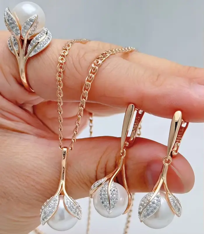 Wbmqda – grandes bagues en perles blanches pour femmes, couleur or Rose 585, bijoux de luxe en Zircon, cadeaux de mariage