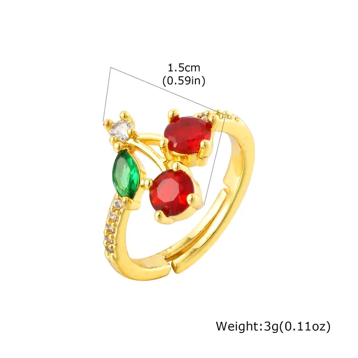 Bague cerise rouge en Zircon scintillant pour femmes, bague réglable en cuivre plaqué or 14 carats, 