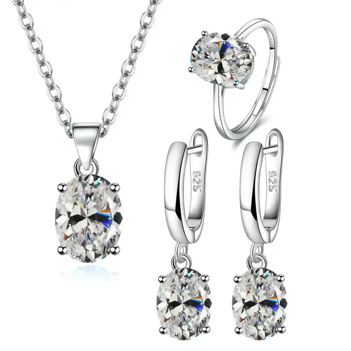 Ensemble de bijoux élégants en argent Sterling 925 pour femmes, bague en Zircon Ellipse, collier, bo