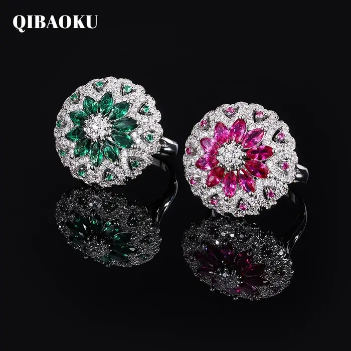 QIBAOKU nouvelle mode bague exquise vert Tourmaline diamant rouge corindon fleur cristal Zircon anneau lumière bijoux de luxe