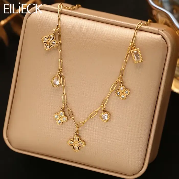 EILIECK Collier chic en forme de fleur avec zircone cubique brillante pour femme, en acier inoxydable, bijoux délicats et exquis pour femme