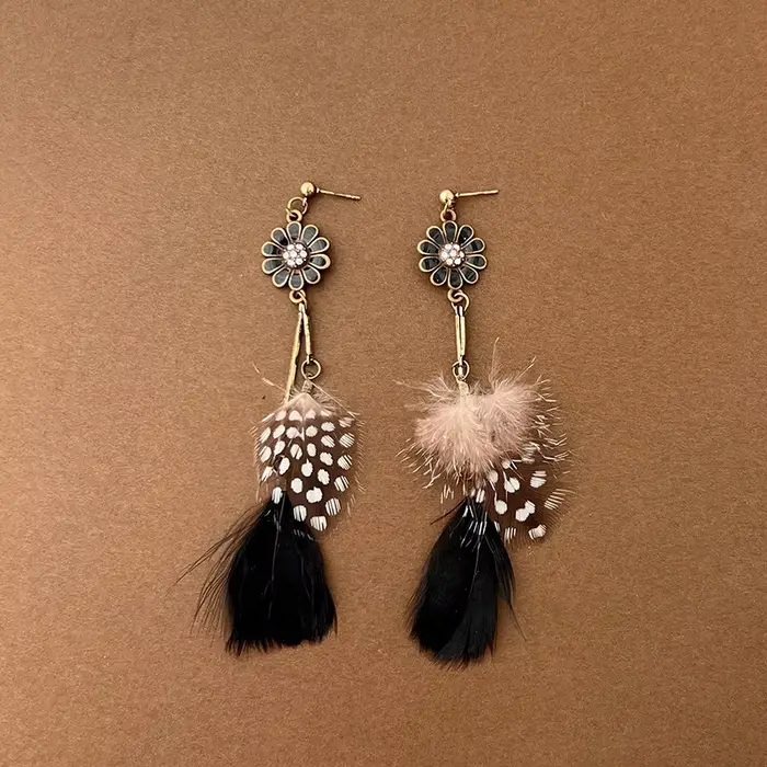 Série noire bohème Vintage ethnique boucles d'oreilles pour femmes dame élégante longue gland plume 