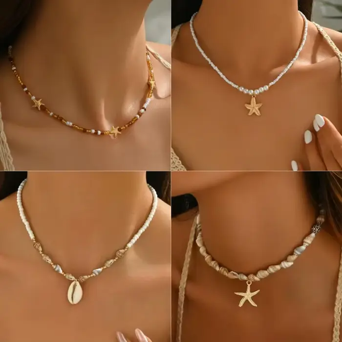 Collier Bohème Coquillages et Perles pour Femme, Style Océan Estival, Pendentif Étoile de Mer, Ras-de-cou, Bijou de Vacances, Cadeau