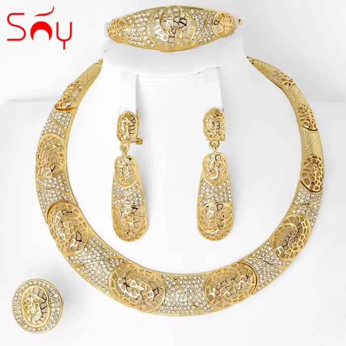 Sunny Jewelry – ensemble de mariage de mariée en Zircon, classique, plaqué or 24 carats, boucles d'o
