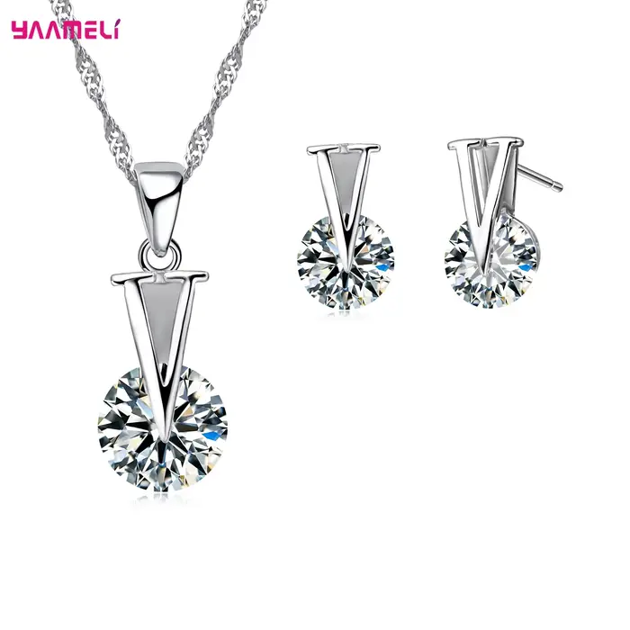 Ensembles de bijoux en argent regardé 925 pour femmes, pendentif en pierre de cristal, collier et boucles d'oreilles pour mariage, patients, pas cher, vente 5A