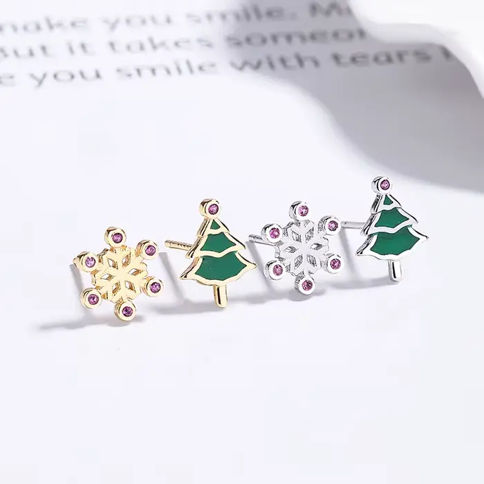 Boucles d'oreilles festives et féminines en forme d'arbre de Noël et de flocon de neige 2025, argent sterling S925