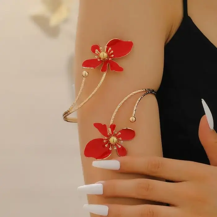 Bracelet Manchette Floral Rouge Élégant Tendance Femmes Personnalité Occasions Spéciales Fête