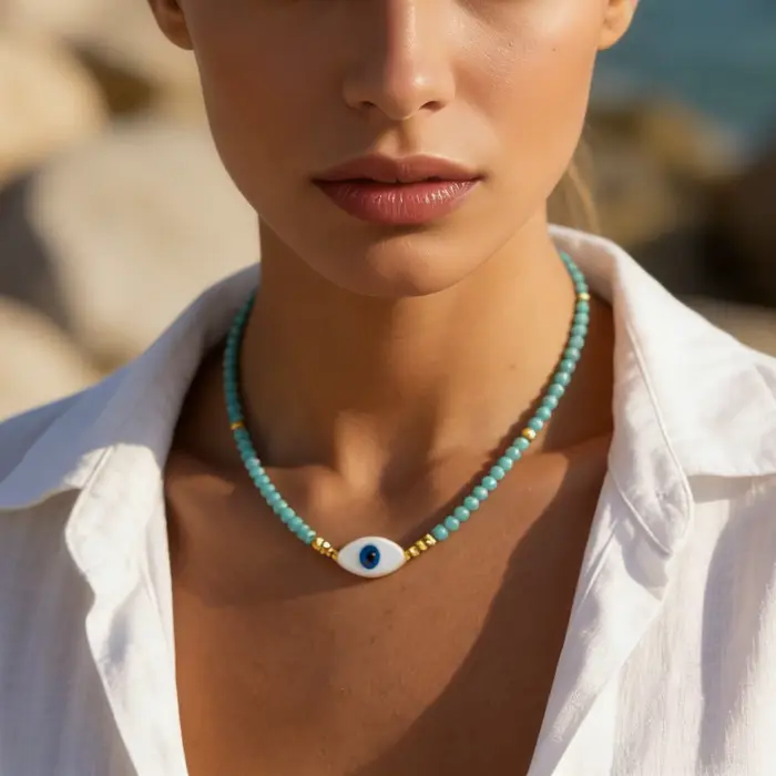 Collier ras du cou bohème en perles de cristal bleues avec pendentif œil porte-bonheur pour femme, bijoux de luxe bohèmes d'été, cadeaux