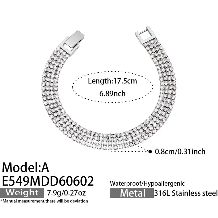 Bracelet tennis multi-rangs en zircon rond, en acier inoxydable 316L, plaqué or 18 carats, fermoir r