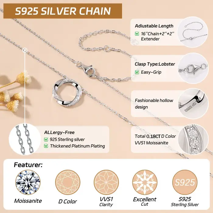 Collier pendentif cercle Mobius en moissanite Pretty Beauty pour femme
