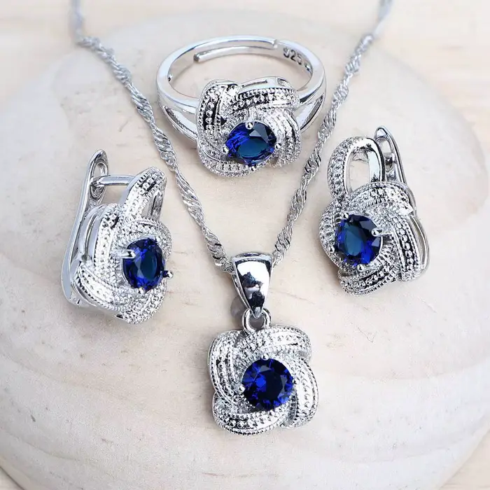 Ensembles de bijoux en zircon bleu pour femmes, en argent Sterling 925, Costume de mariage, bijoux,